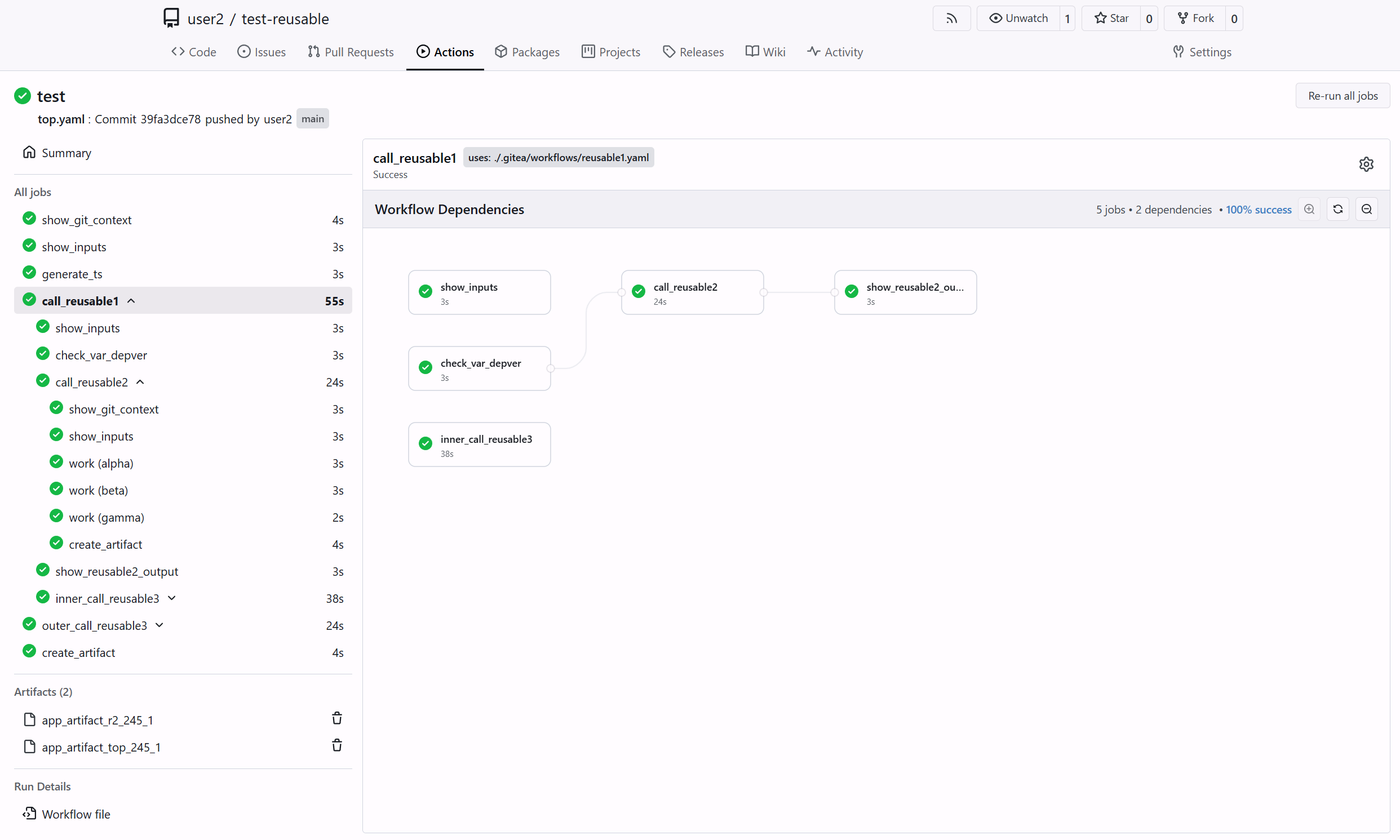 Expanded nested reusable workflows, each with its own jobs and logs