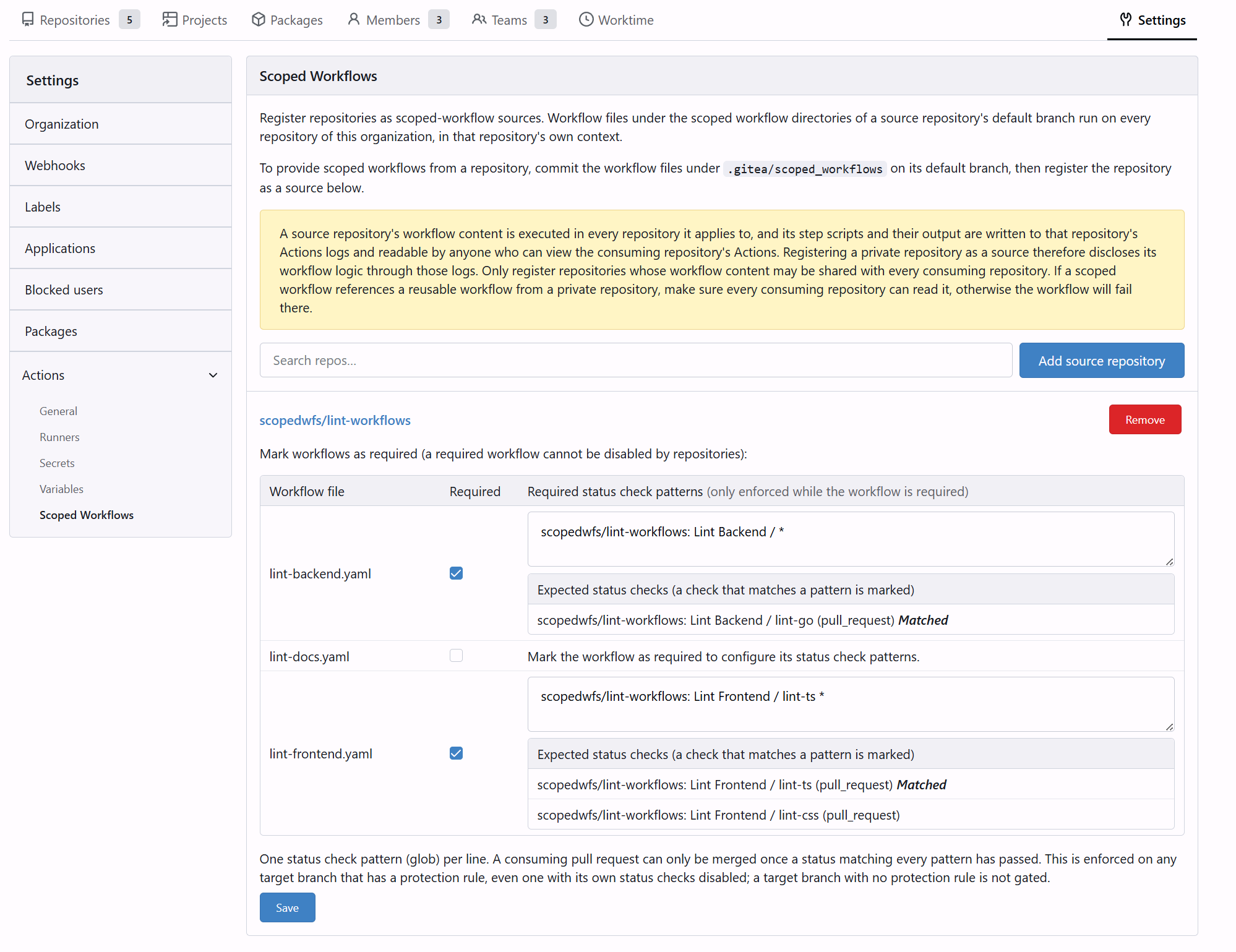 Scoped Workflows source configuration in organization settings