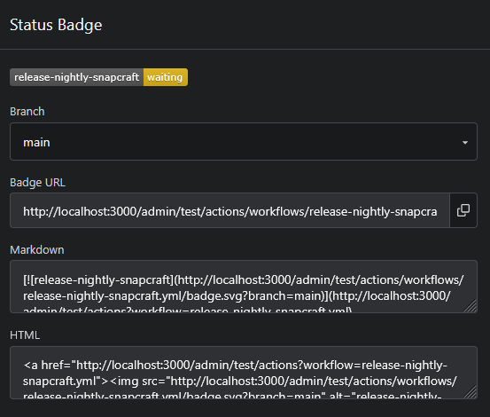 Workflow status badge modal with Markdown and HTML snippets
