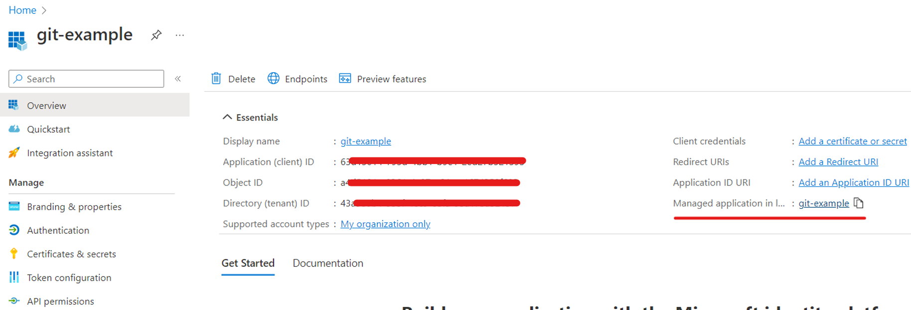 Azure screenshot showing the newly created app registration